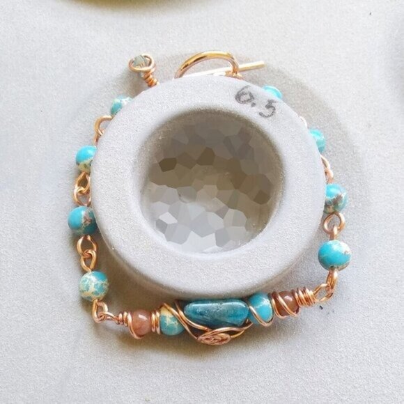 Ocean Blues Beaded Copper Bracelet! Wire Wrapped Rosary Style w. Center Focal - Picture 8 of 9